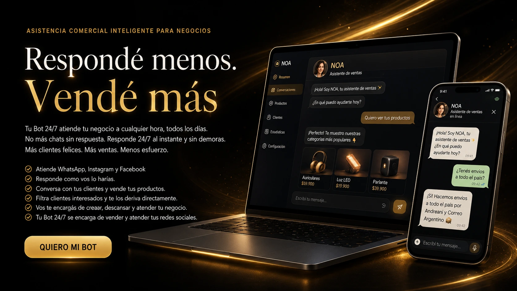 Hero principal de TU BOT 24/7 con notebook y celular integrados, el mensaje Respondé menos. Vendé más. y propuesta comercial premium.