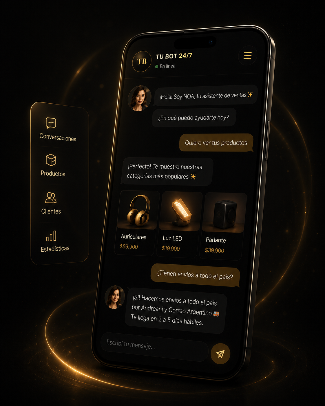 Asistente virtual premium mostrando un chat comercial con productos destacados para la versión mobile de TU BOT 24/7.
