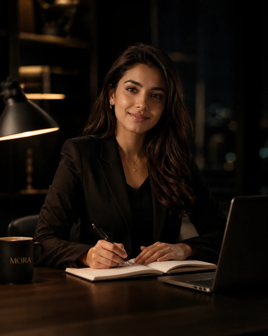 MORA, asistente comercial profesional usando notebook