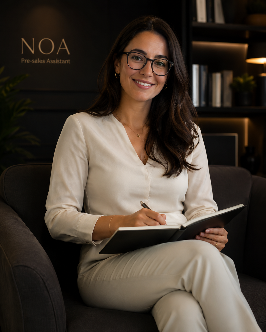 NOA, asistente de preventa profesional usando lentes y notebook