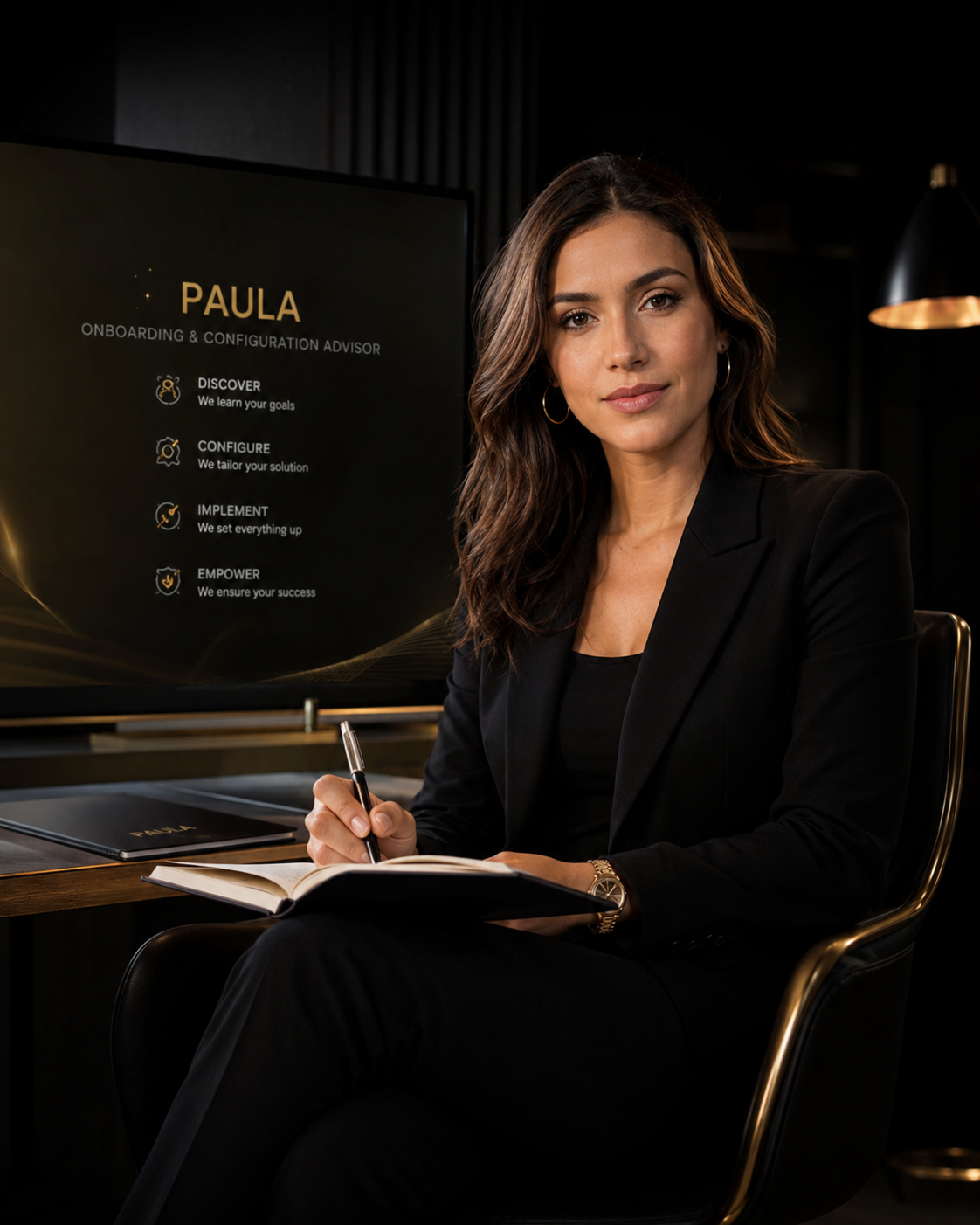 PAULA, asesora de configuración y onboarding sentada en un ambiente elegante